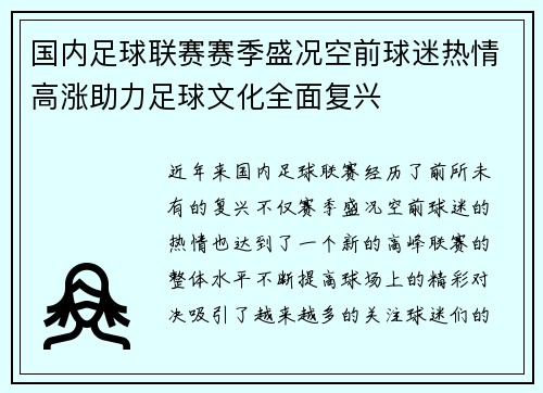 国内足球联赛赛季盛况空前球迷热情高涨助力足球文化全面复兴