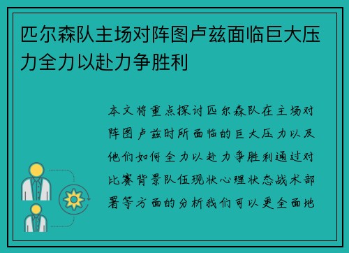 匹尔森队主场对阵图卢兹面临巨大压力全力以赴力争胜利