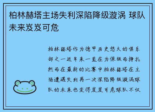 柏林赫塔主场失利深陷降级漩涡 球队未来岌岌可危