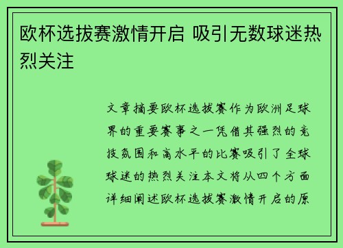 欧杯选拔赛激情开启 吸引无数球迷热烈关注