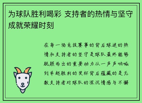 为球队胜利喝彩 支持者的热情与坚守成就荣耀时刻